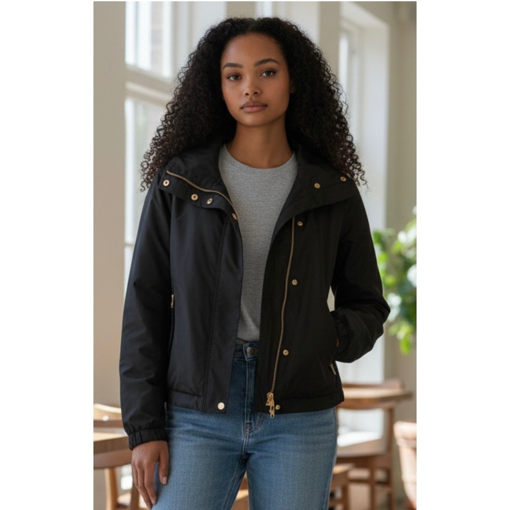 Talbots Petites Black Full Zip Lightweight Jacket Gold Hardware Size 8P